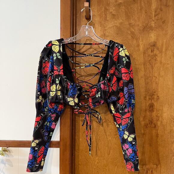 JADED LONDON Butterfly Puff Sleeve Lace‎ Up Crop Top Festival Black Women's 4 - Picture 3 of 10